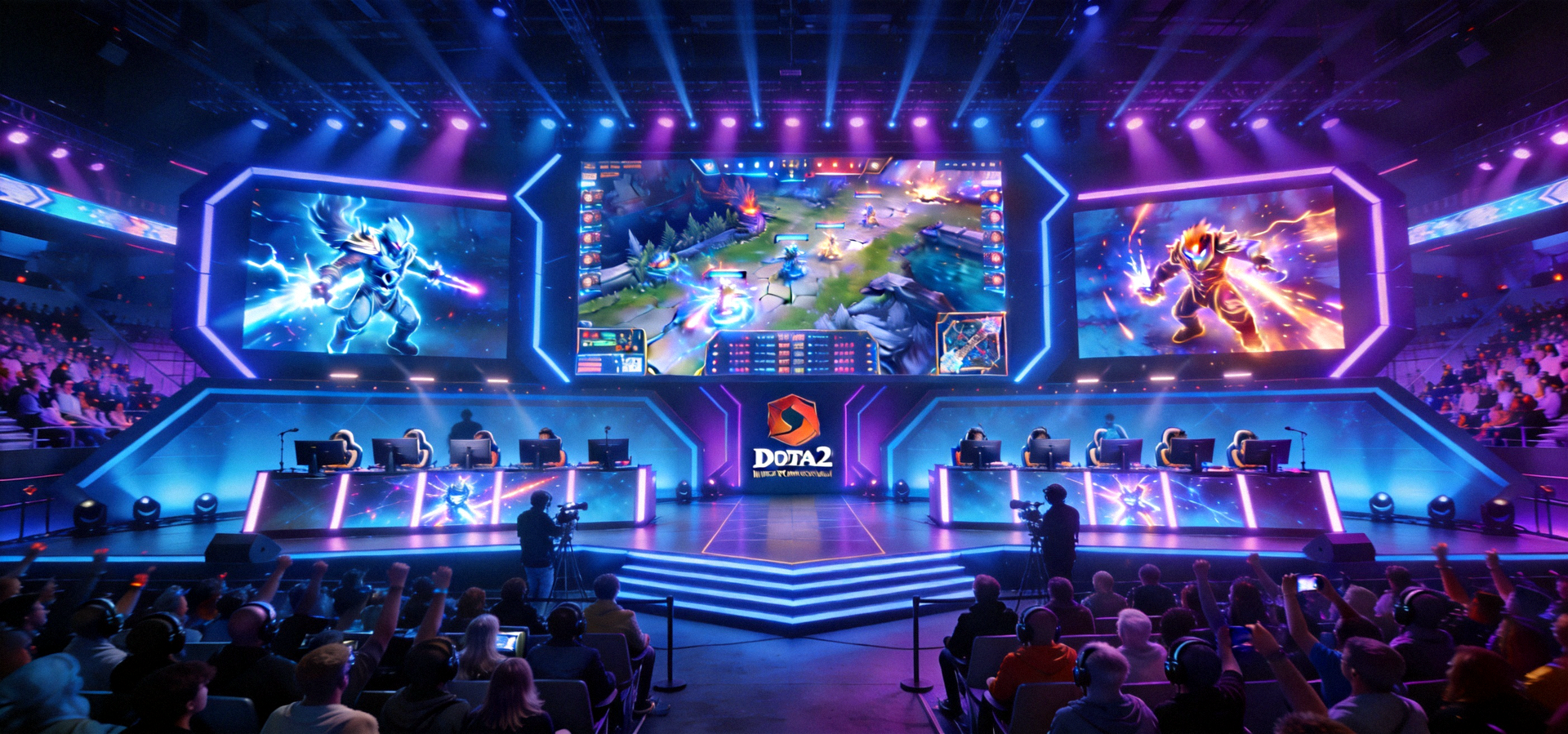 DOTA2国际邀请赛现场舞台全景与选手对战画面